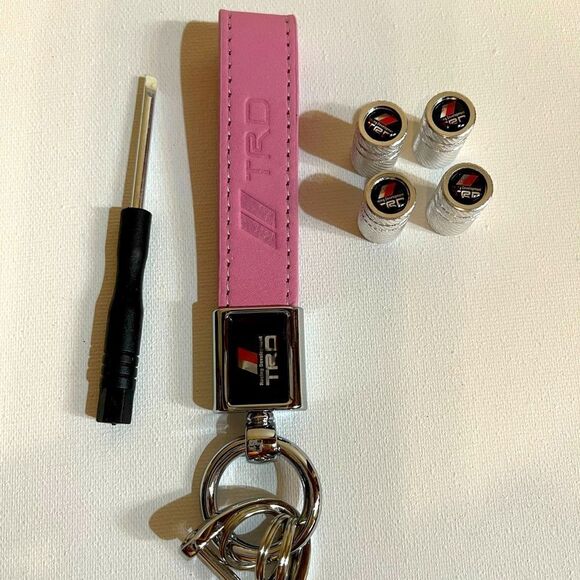 TRD Toyota Pink Leather fob keychain with Logo and Silver valve Stem caps NWT - Picture 1 of 8